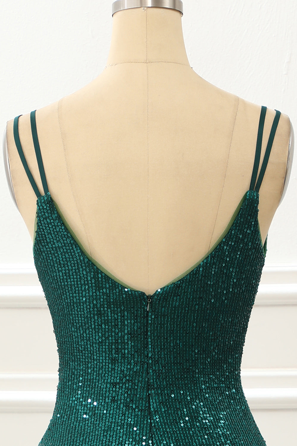 Dark Green Spaghetti Straps Saprkly Prom Dress With Slit