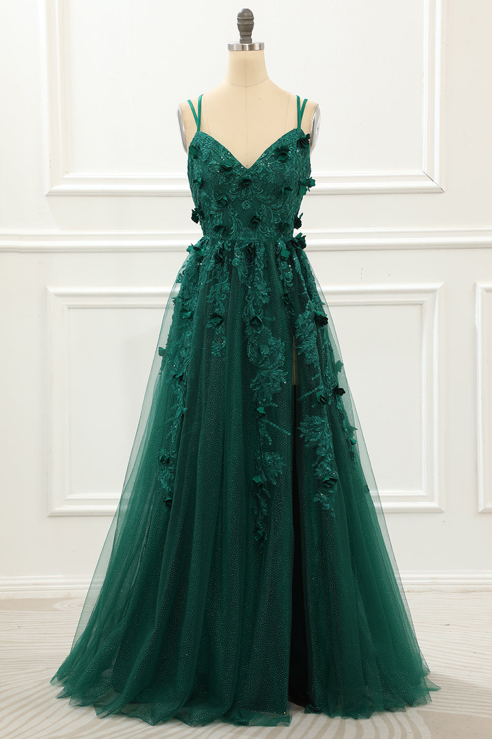 A Line Dark Green Tulle Prom Dress with Appliques