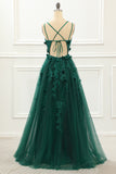 A Line Dark Green Tulle Prom Dress with Appliques