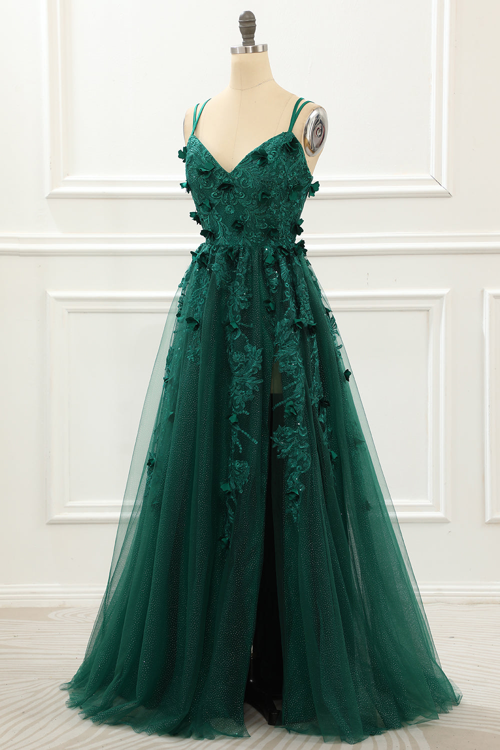 A Line Dark Green Tulle Prom Dress with Appliques