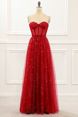 Strapless Red Tulle A Line Corset Prom Dress