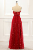 Strapless Red Tulle A Line Corset Prom Dress