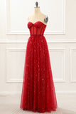 Strapless Red Tulle A Line Corset Prom Dress