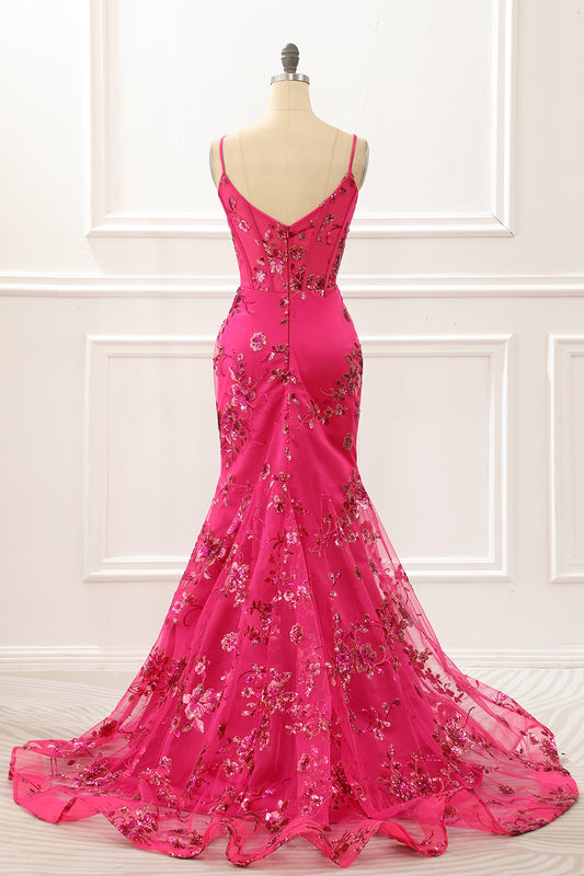 Hot Pink Sequin Print Mermaid Corset Prom Dress