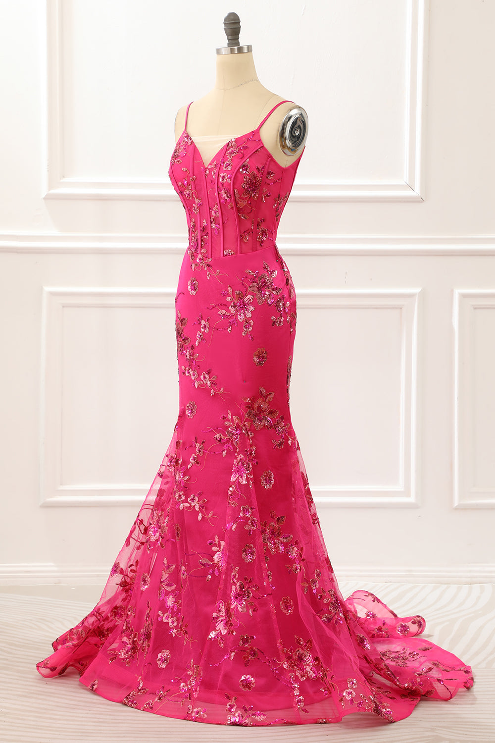 Hot Pink Sequin Print Mermaid Corset Prom Dress