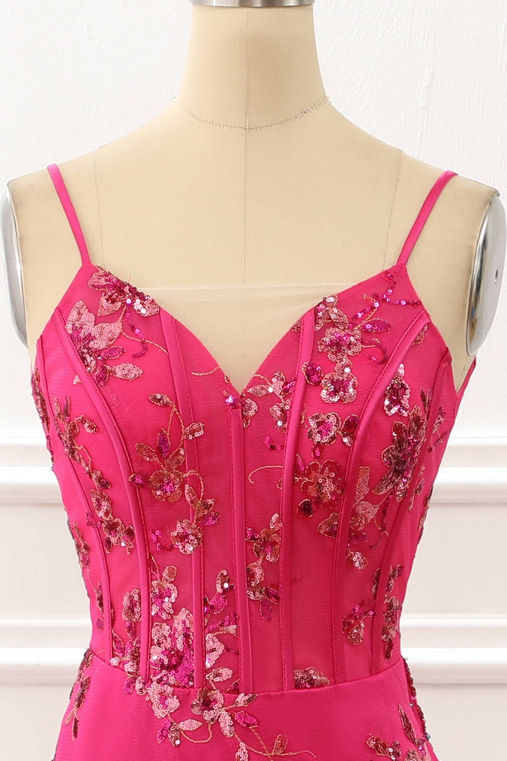 Hot Pink Sequin Print Mermaid Corset Prom Dress