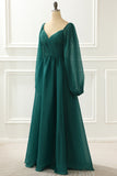 A Line Long Sleeves Prom Dress with Ruffles