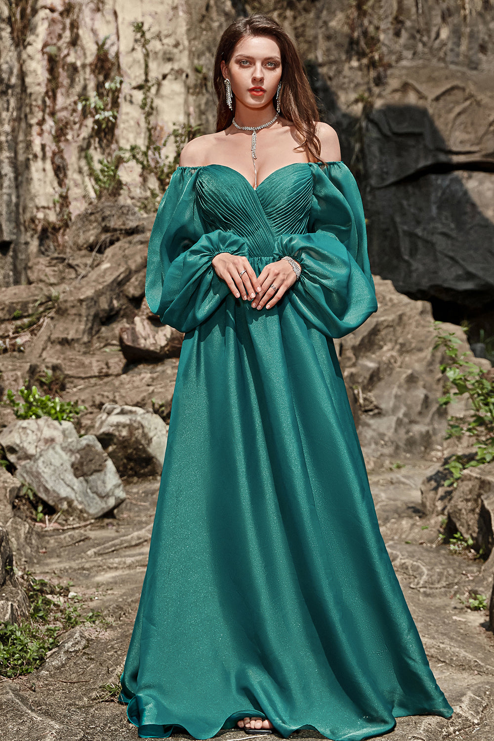 A Line Long Sleeves Prom Dress with Ruffles