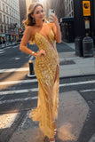 Glitter Golden Mermaid Sequins Long Prom Dress with Split Front