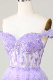 Off the Shoulder A Line Lavender Corset Tiered Homecoming Dress with Lace
