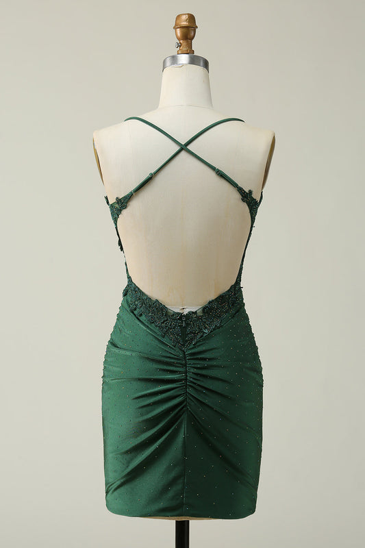 Spaghetti Straps Dark Green Short Homecoming Dress with Appliques