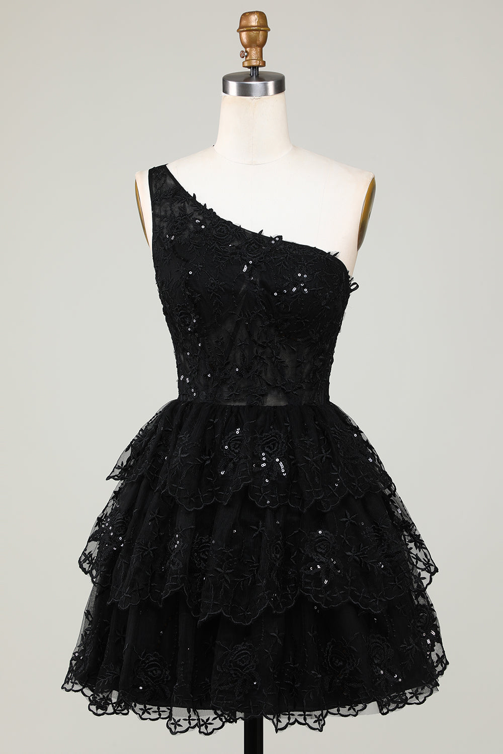 Glitter Black One Shoulder Homecoming Dress With Appliques