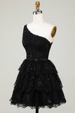 Glitter Black One Shoulder Homecoming Dress With Appliques