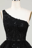 Glitter Black One Shoulder Homecoming Dress With Appliques