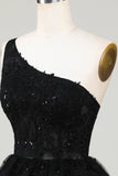 Glitter Black One Shoulder Homecoming Dress With Appliques