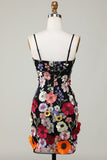 Tight Spaghetti Straps Black Homecoming Dress with 3D Floral