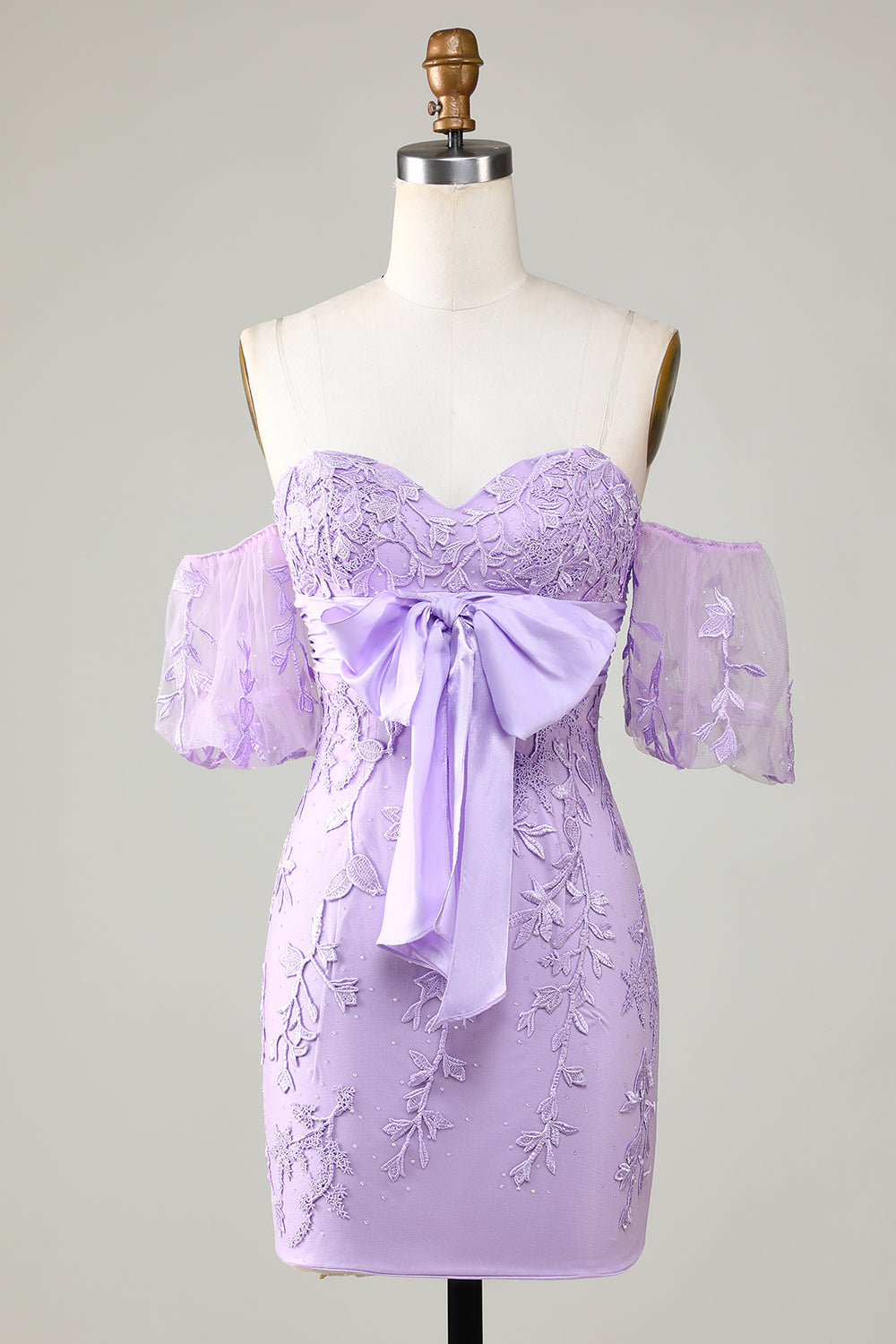 Lavender Off the Shoulder Tight Homecoming Dress with Bowknot