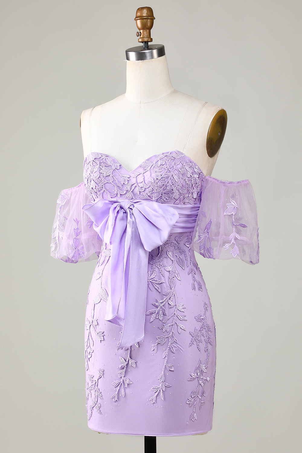 Lavender Off the Shoulder Tight Homecoming Dress with Bowknot