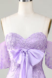 Lavender Off the Shoulder Tight Homecoming Dress with Bowknot