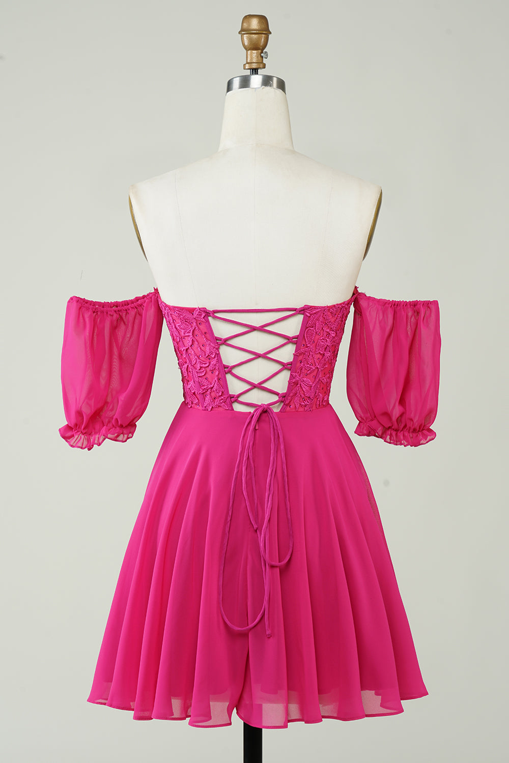 Hot Pink Corset A-Line Chiffon Short Homecoming Dress with Lace