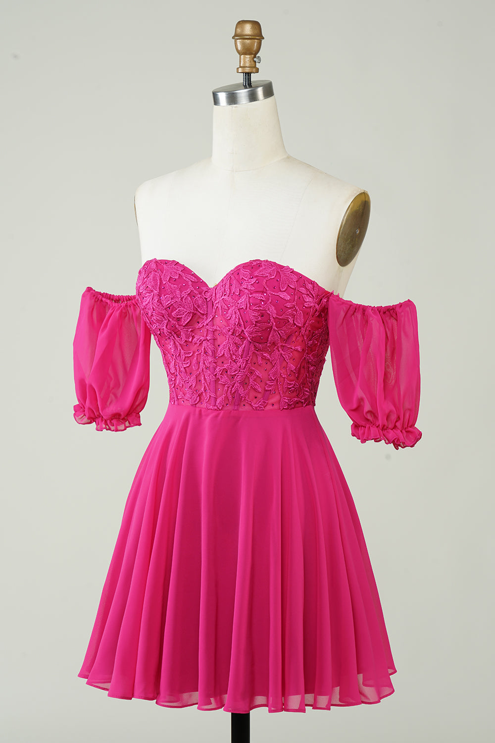 Hot Pink Corset A-Line Chiffon Short Homecoming Dress with Lace