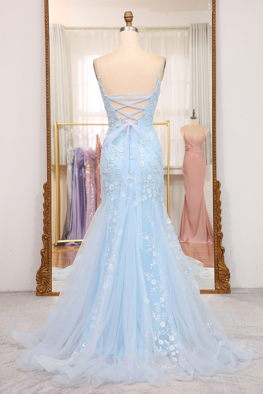 Mermaid Spaghetti Straps Long Blue Prom Dress With Appliques