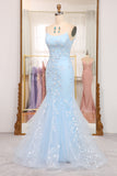 Mermaid Spaghetti Straps Long Blue Prom Dress With Appliques