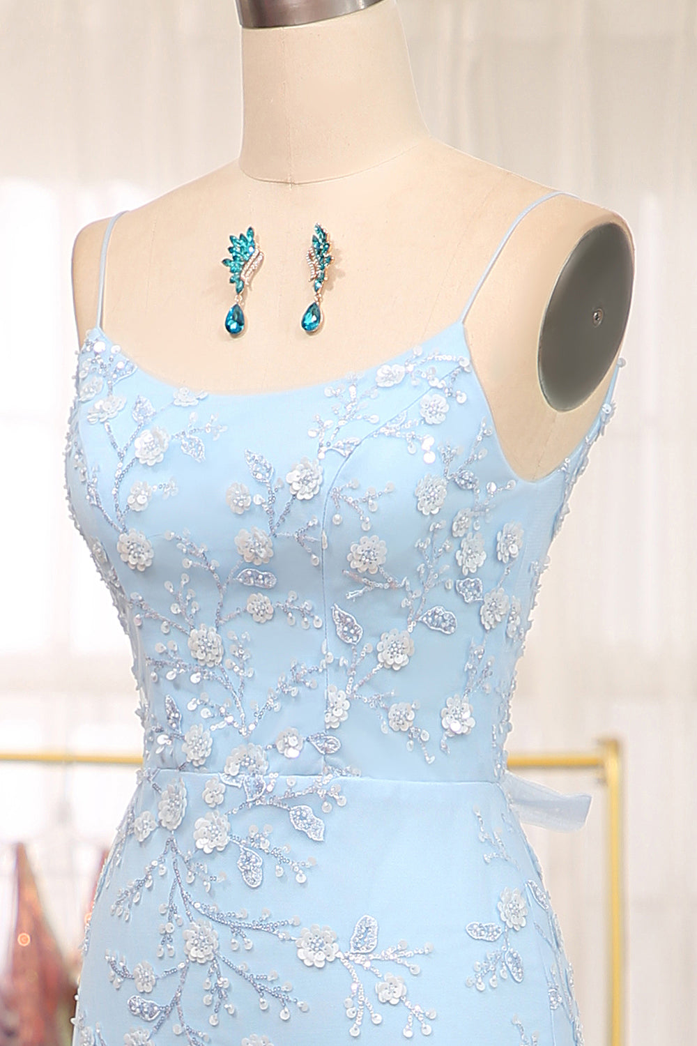 Mermaid Spaghetti Straps Long Blue Prom Dress With Appliques