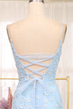 Mermaid Spaghetti Straps Long Blue Prom Dress With Appliques