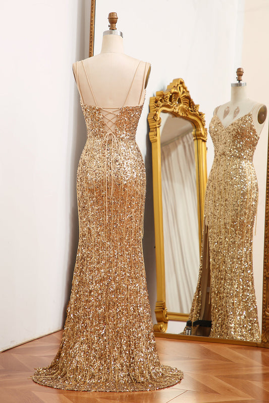 Sparkly Gold Mermaid Long Corset Sequins Prom Dress with Slit