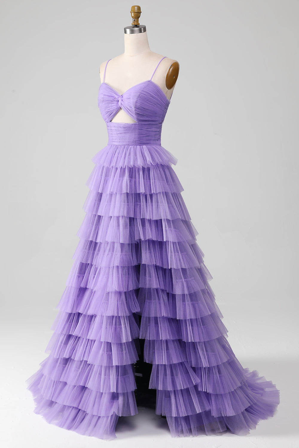 Purple Tulle A-Line Tiered Long Prom Dress with Slit