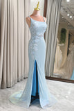 Light Blue Mermaid Long Corset Sequins Prom Dress with Slit