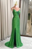 Sparkly Mermaid Green Sequins Long Prom Dress with Split Front