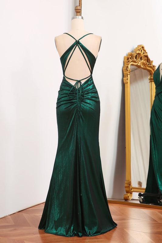 Mermaid Spaghetti Straps Long Dark Green Prom Dress with Open Back