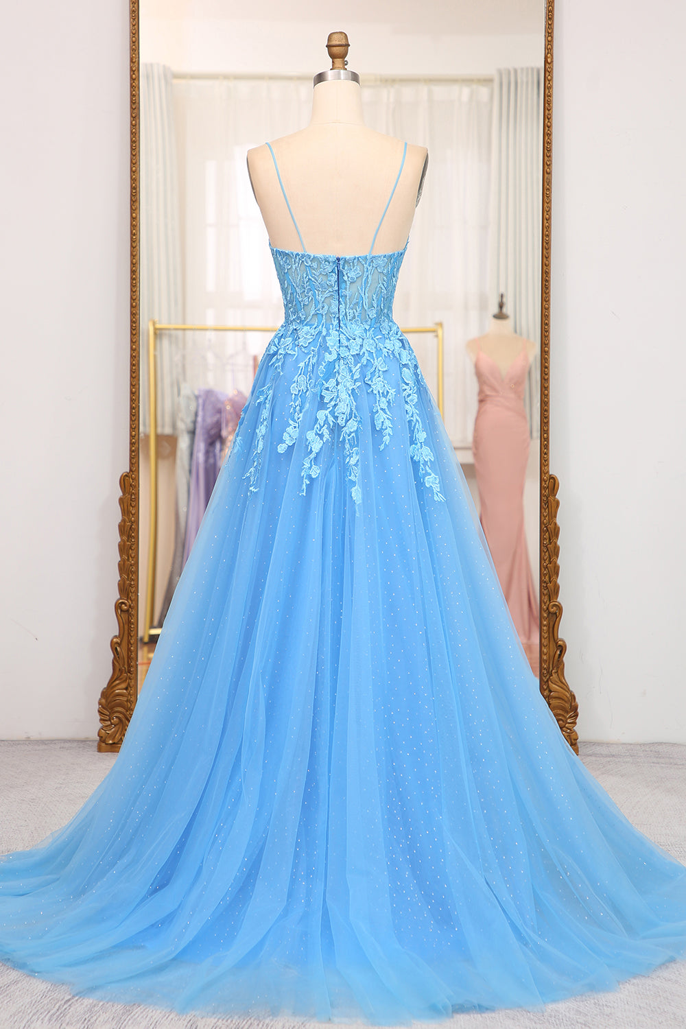 A-Line Spaghetti Straps Tulle Long Blue Prom Dress With Appliques