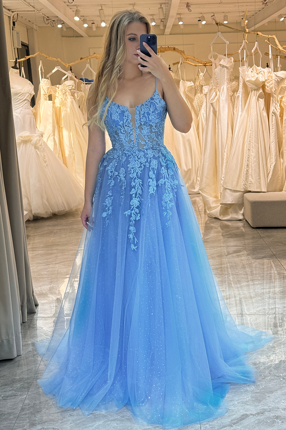 A-Line Spaghetti Straps Tulle Long Blue Prom Dress With Appliques