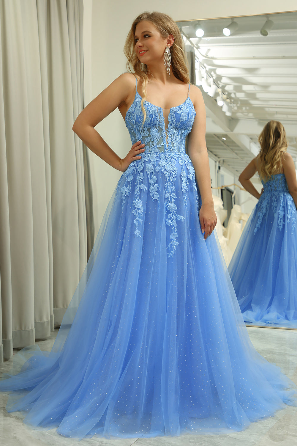 A-Line Spaghetti Straps Tulle Long Blue Prom Dress With Appliques