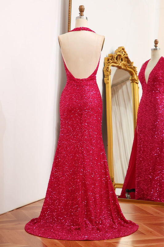 Sparkly Fuchsia Mermaid Halter Backless Sequin Prom Dress With Slit