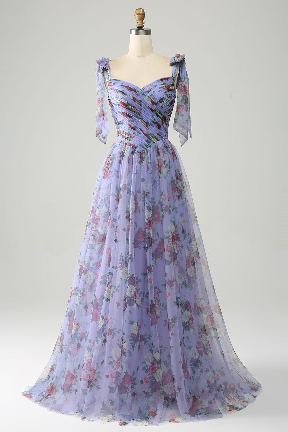 A-Line Lavender Printed Adjustable Straps Long Prom Dress