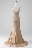 Champagne Mermaid Beaded Spaghetti Straps Long Prom Dress