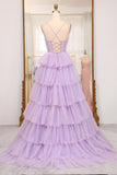 Elegant Lilac A Line Tulle Tiered Long Corset Prom Dress With Appliques