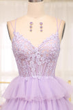 Elegant Lilac A Line Tulle Tiered Long Corset Prom Dress With Appliques