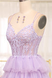 Elegant Lilac A Line Tulle Tiered Long Corset Prom Dress With Appliques