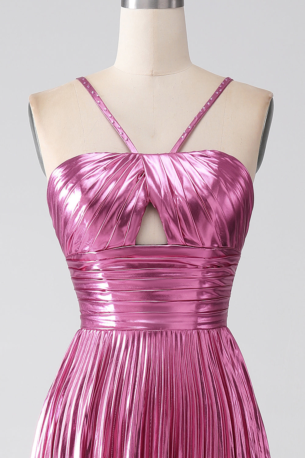 Fuchsia A-Line Spaghetti Straps Pleated Prom Dress with Slit