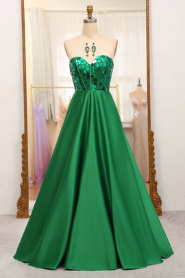 Dark Green A Line Sweetheart Mirror Long Prom Dress