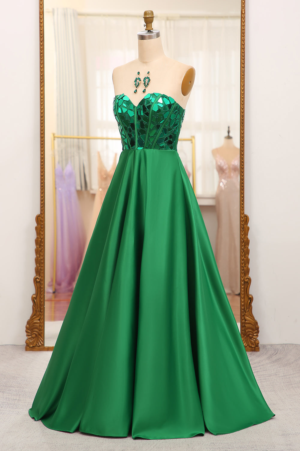 Dark Green A Line Sweetheart Mirror Long Prom Dress