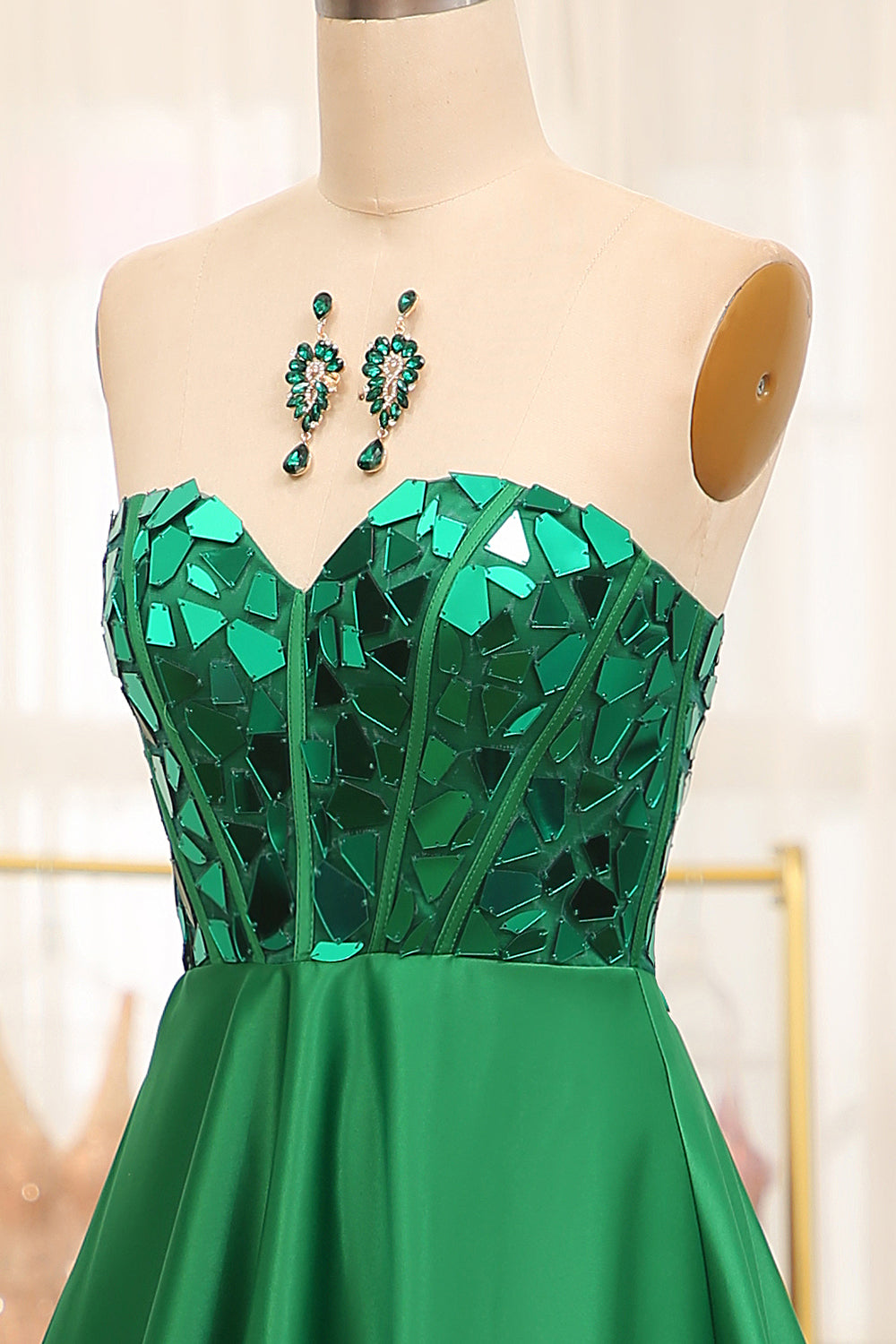 Dark Green A Line Sweetheart Mirror Long Prom Dress