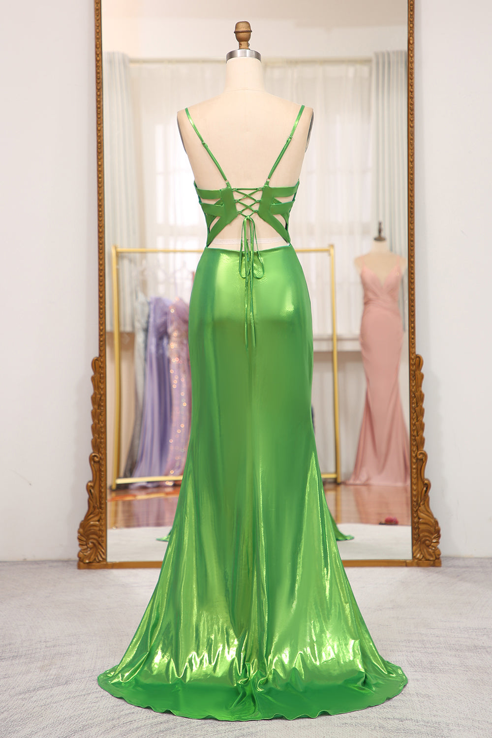Lola Dark Green Sheath Spaghetti Straps Corset Satin Prom Dress with Split