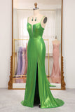 Bright Green Mermaid Spaghetti Straps Corset Long Prom Dress With Slit