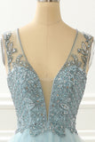 A Line Light Blue Beading Prom Dress with Appliques